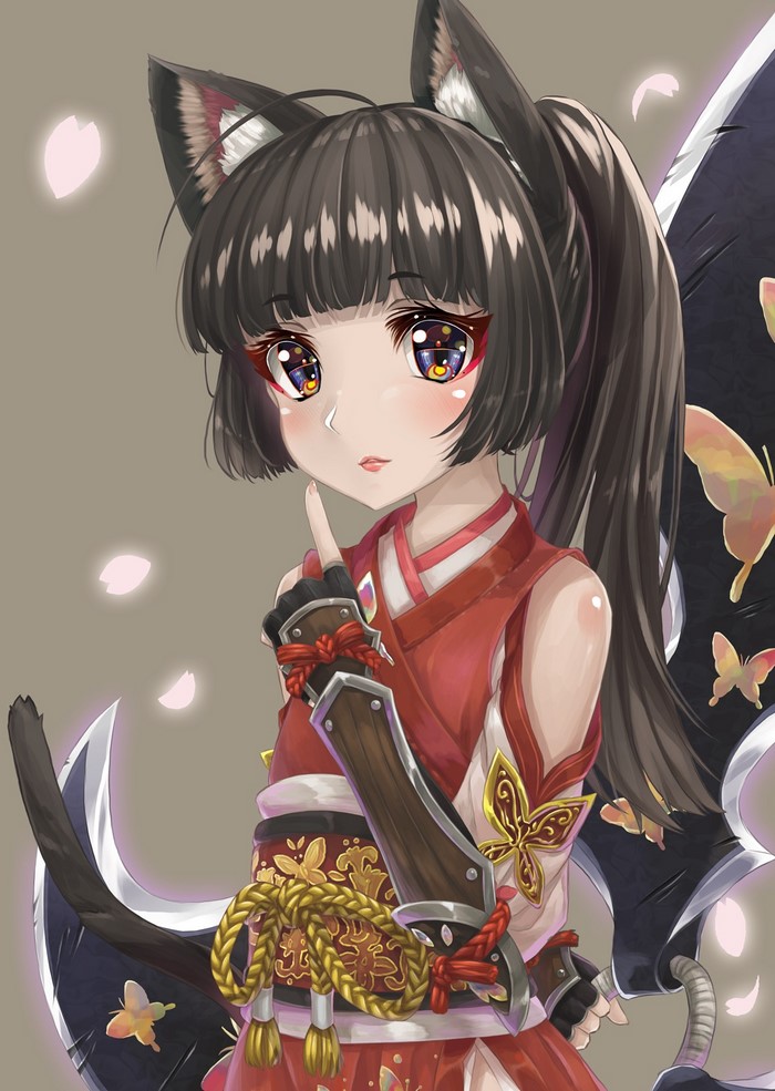 Anime girl with cat ears and tail holding a weapon