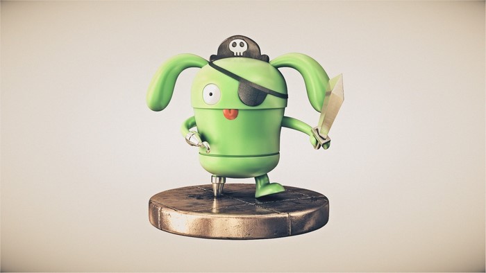 Green pirate toy with sword and eye patch