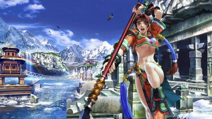 Seong Mi-na from Soulcalibur in a snowy mountain landscape