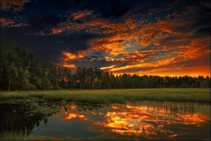 Sunset over a lake with trees and clouds