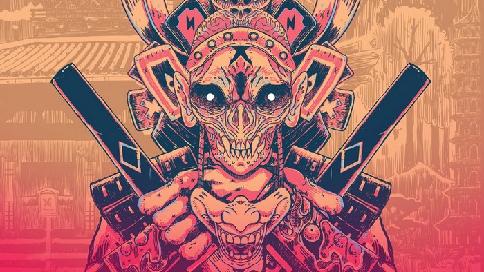 Samurai skull warrior with swords and Japanese architecture