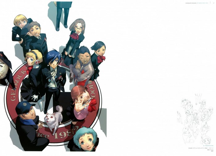 Persona series characters gathered around a school emblem