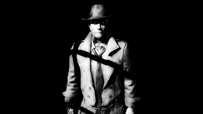 Man in trench coat and fedora from Fallout