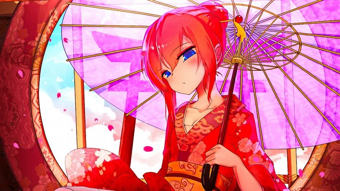Kagura from Gintama holding a pink umbrella