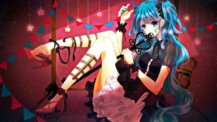 Hatsune Miku crying with a key in a circus-like setting