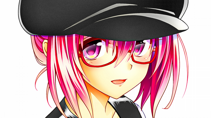 Anime girl with pink hair, glasses, and hat