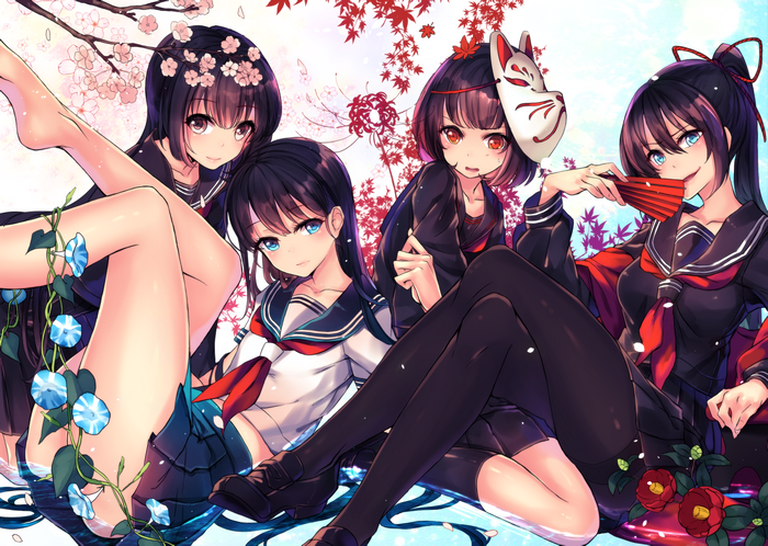 Four anime girls in school uniforms with flowers and a mask