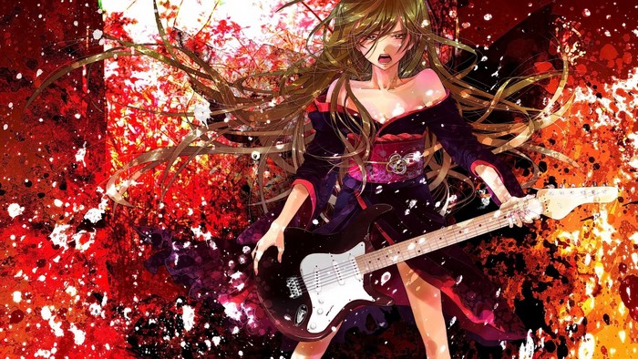 Anime girl with long hair playing guitar