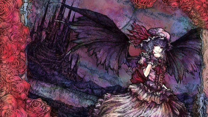 Remilia Scarlet from Touhou with black wings and red roses