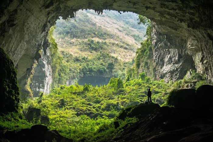 Silhouette of Man in Hang Son Doong Cave Jungle