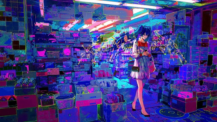 Anime girl in a brightly lit convenience store