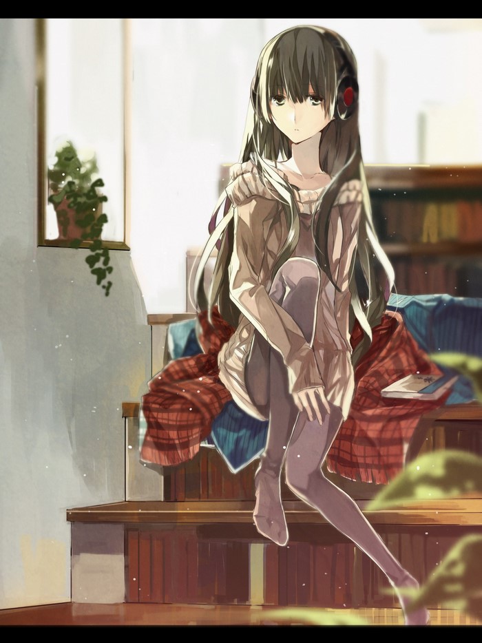 Anime girl with headphones sitting on stairs