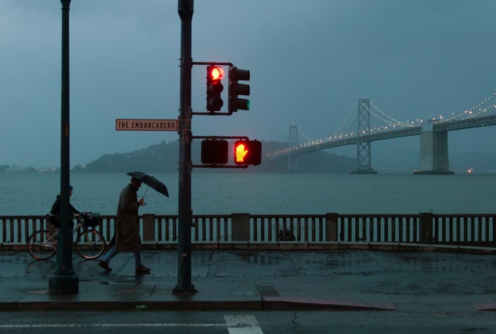 The Embarcadero in San Francisco during a rainy evening