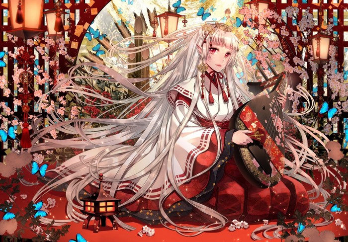 Anime girl in Japanese clothes playing a lute with butterflies