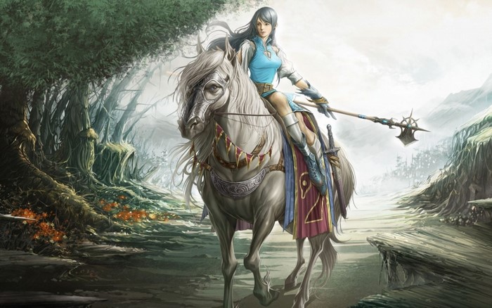 Woman in blue armor riding a white horse with a spear