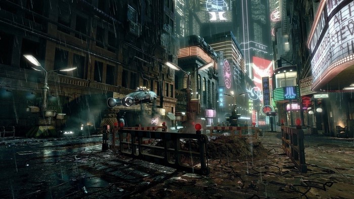 Blade Runner cityscape with flying vehicle and neon signs