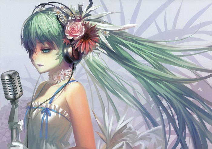 Hatsune Miku from Vocaloid with flowers and microphone