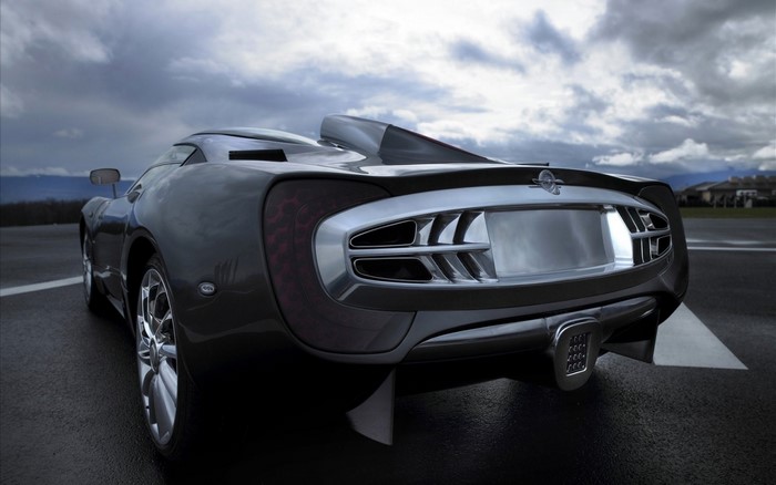 Rear view of a dark Spyker concept sports car