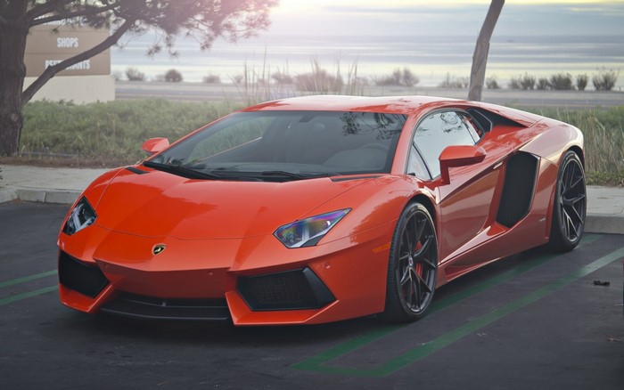 Orange Lamborghini Aventador parked by the water