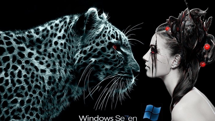 Fractal leopard facing a woman with elaborate hair ornament