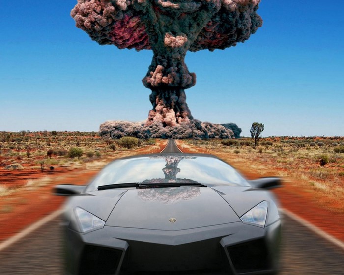 Lamborghini Aventador driving towards nuclear explosion in desert