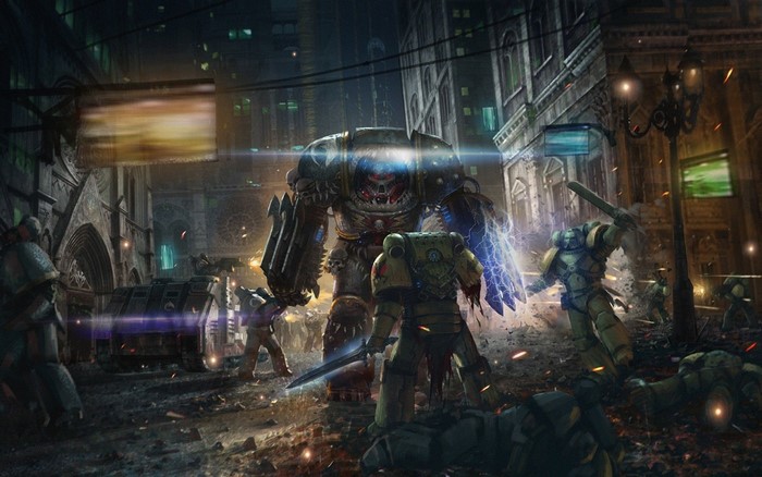 Warhammer 40,000 battle scene with giant robot