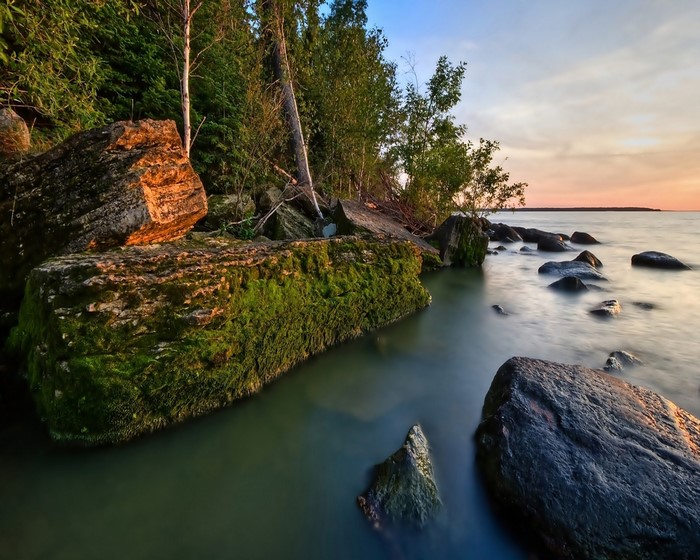 Mossy rocks on a rocky shore with calm water at sunset