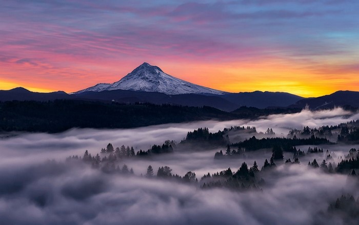 Snowy mountain peak above misty forest at sunrise