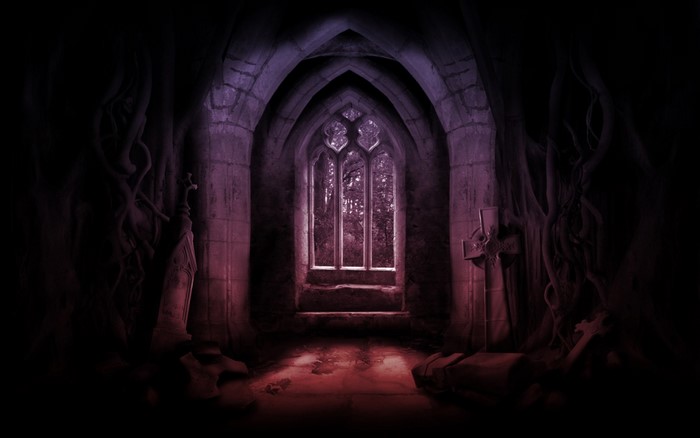 Gothic archway with a window overlooking a forest at night