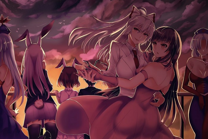 Anime characters dancing at sunset