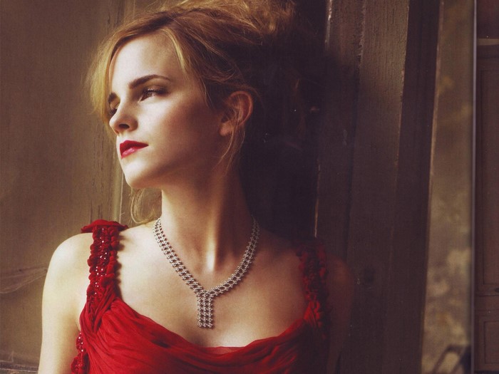 Emma Watson wearing a red dress and necklace