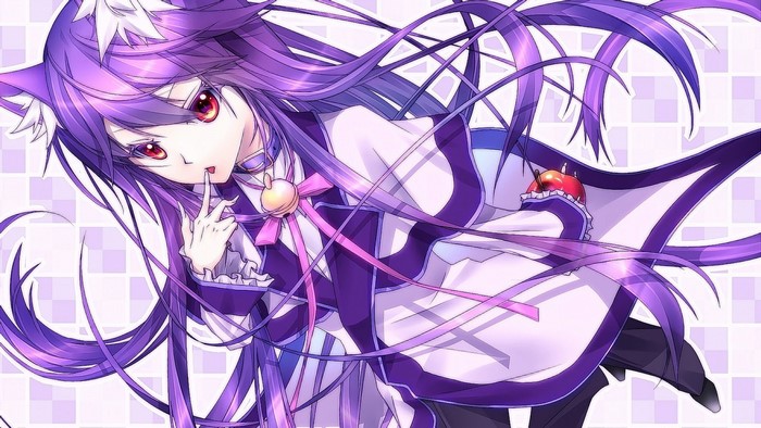 Anime girl with violet hair and red eyes holding an apple
