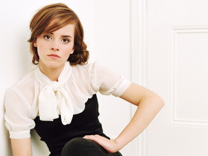Emma Watson posing in a black dress and white blouse