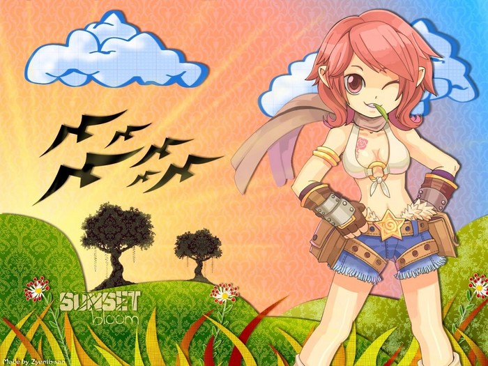 Anime girl with pink hair in a field at sunset