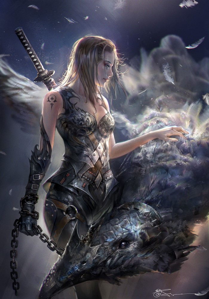 Fantasy woman warrior with sword and bird-like creature