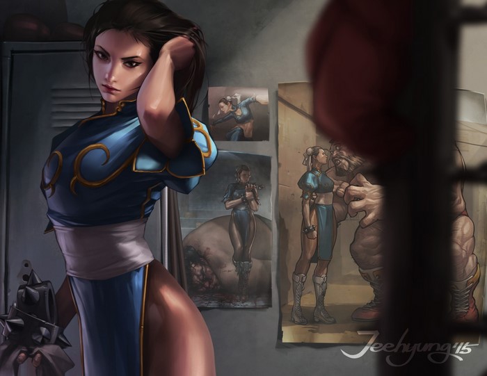 Chun-Li from Street Fighter in a locker room
