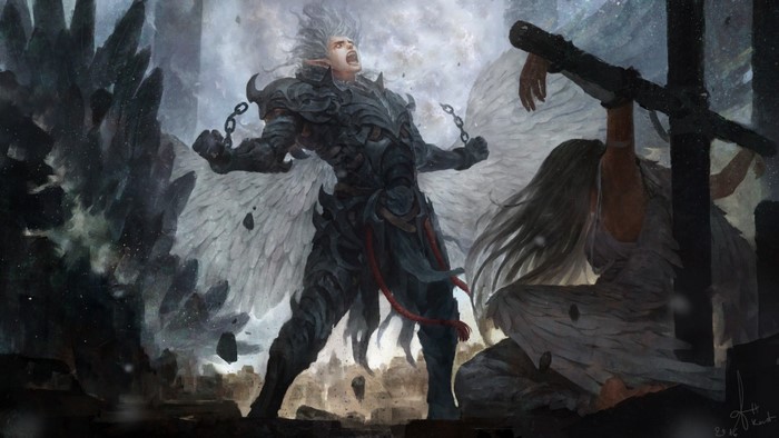 Angelic warrior in chains screaming in a ruined landscape