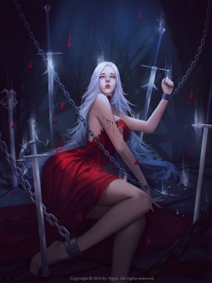 Chained woman in red dress surrounded by swords