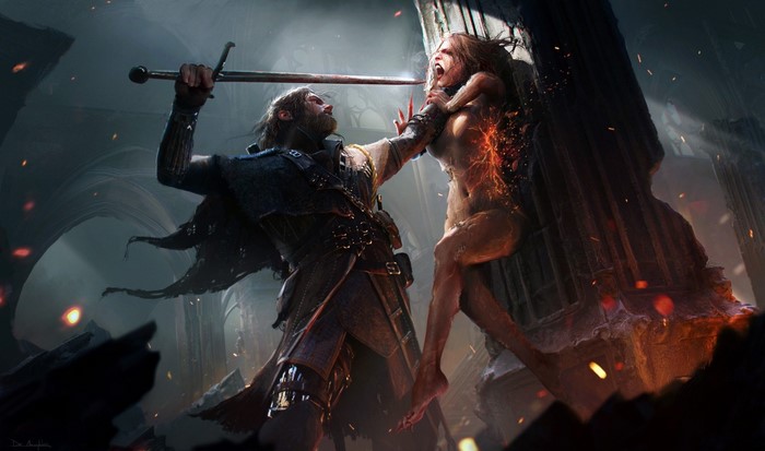Man fighting a demon with a sword