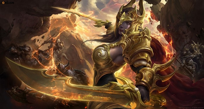 Fantasy warlord in golden armor with glowing swords