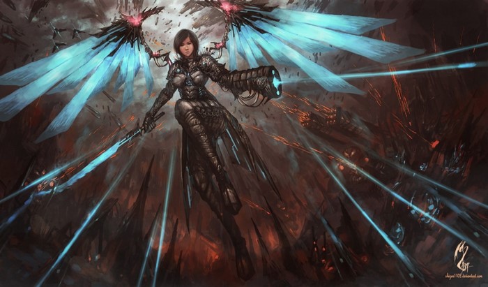 Fantasy angel with glowing wings and sword in battle