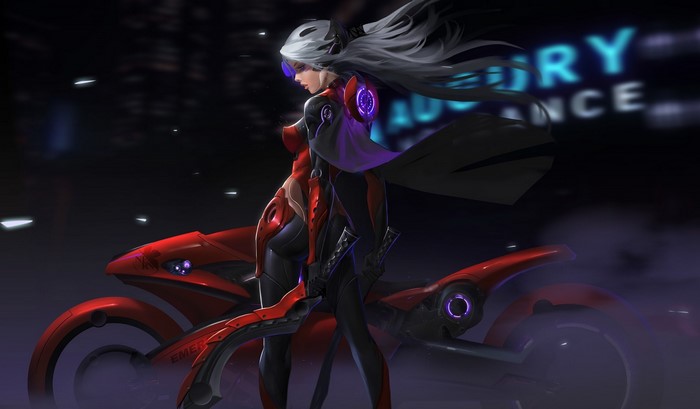Anime woman with futuristic motorcycle in dark city