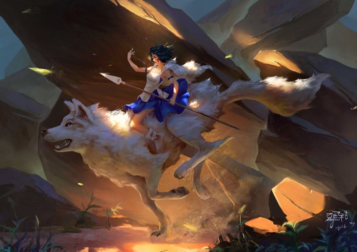 San riding a wolf from Princess Mononoke