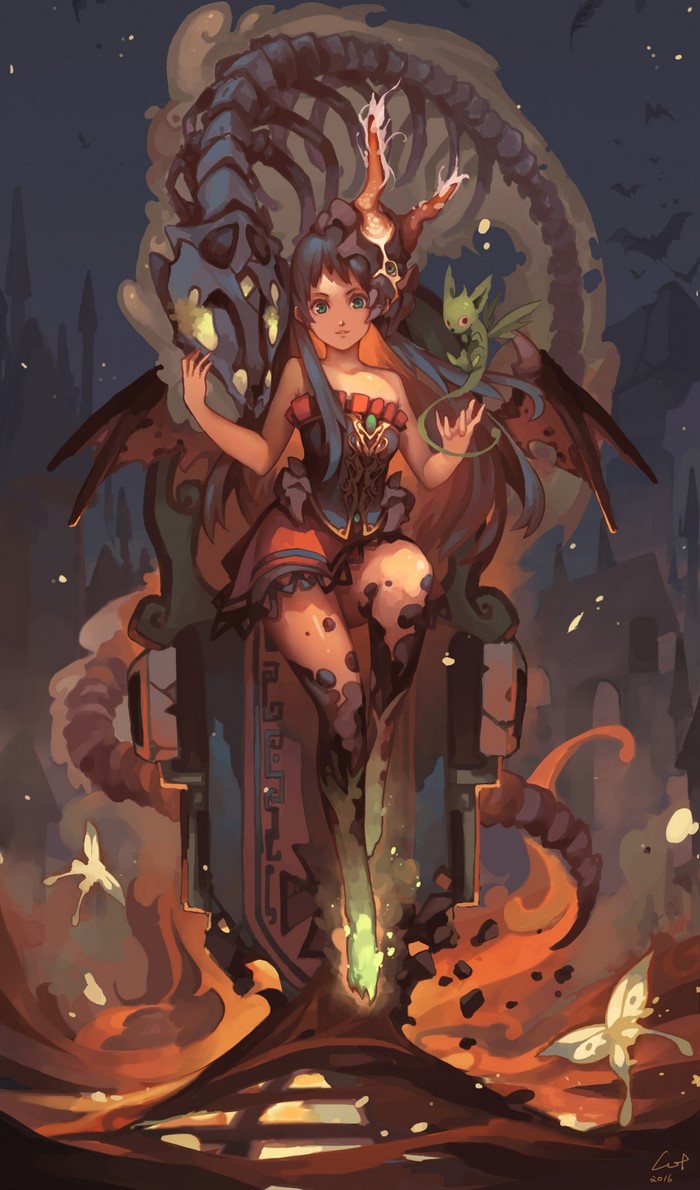 Girl with dragon skeleton and fairy companion
