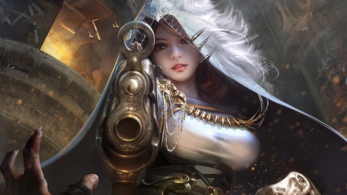 Fantasy art of a woman with a gun