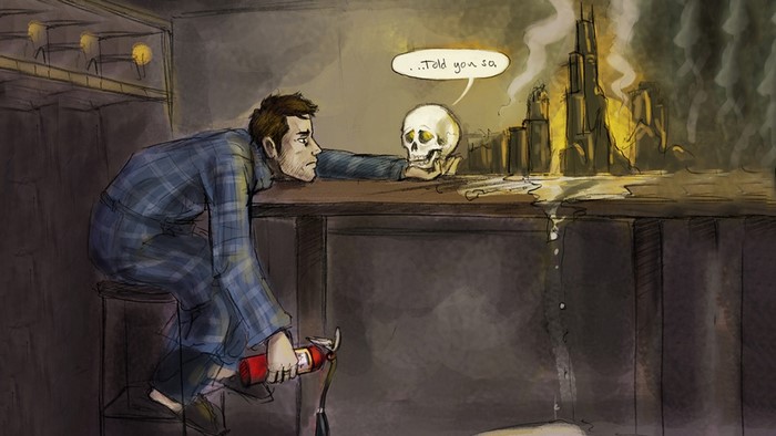 Man with Skull and Burning City