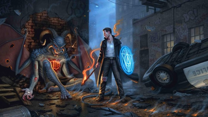 Harry Dresden from Dresden Files fighting a demon