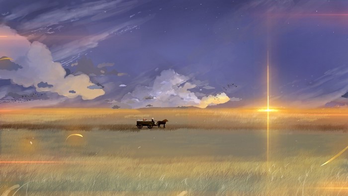 A horse-drawn cart travels through a grassy plain at sunset