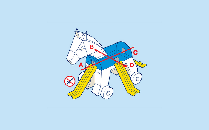 Toy horse with slides and warning symbol