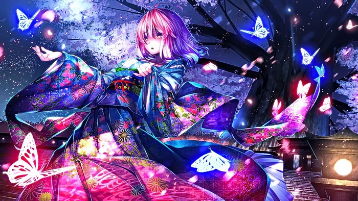 Saigyouji Yuyuko from Touhou with butterflies and cherry blossoms